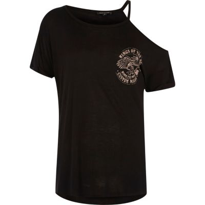 Black band print cold shoulder T-shirt